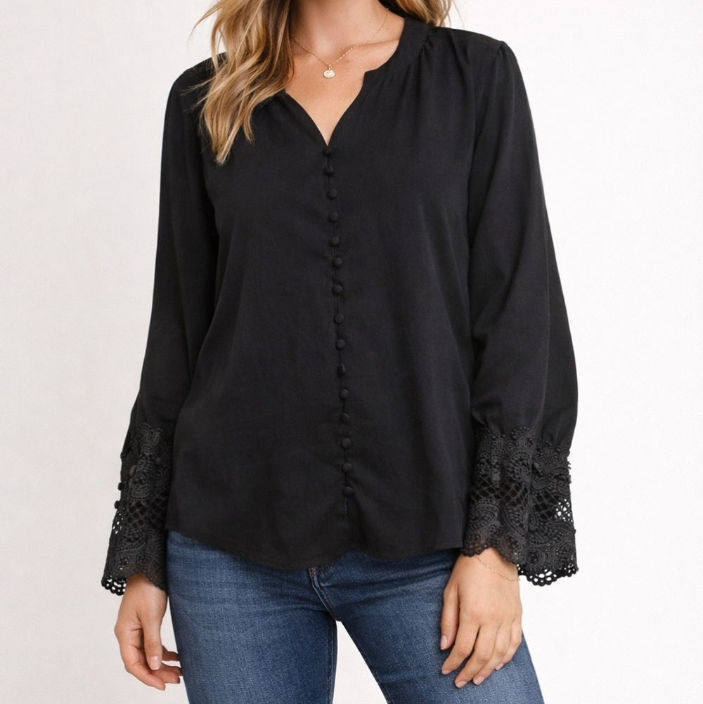 Joie Blouse Womens Medium Black Button Front Crochet Lace Cuff Long Sleeve Top